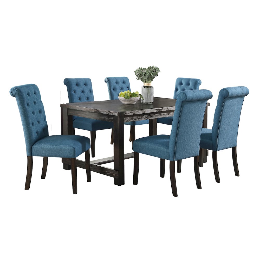 Leviton Antique Black Finished Wood Dining Set, Table with Six Chairs, Blue. Picture 1