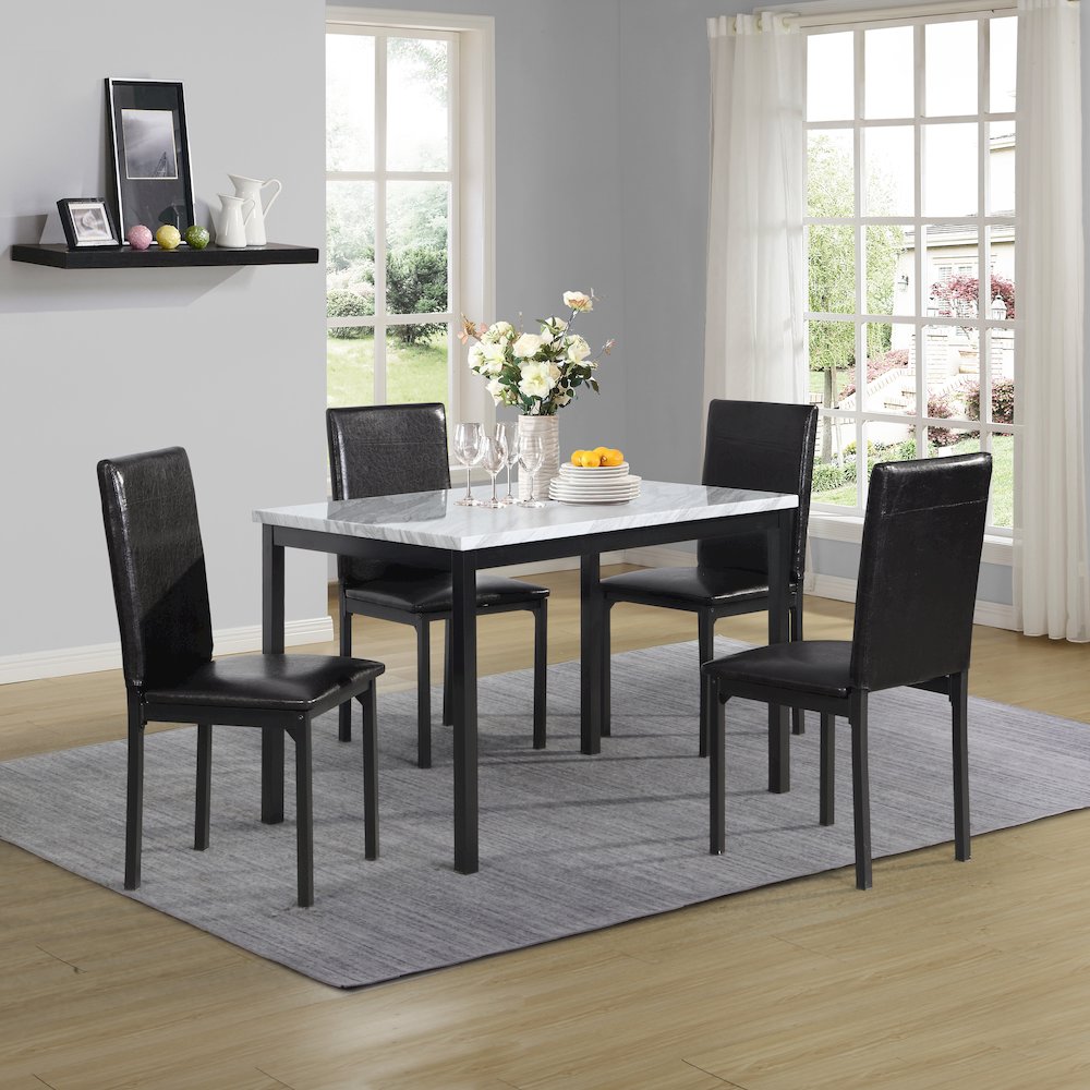 Citico 5-Pc Dinette Set with Faux Marble Top, White Table with Black Chairs. Picture 2