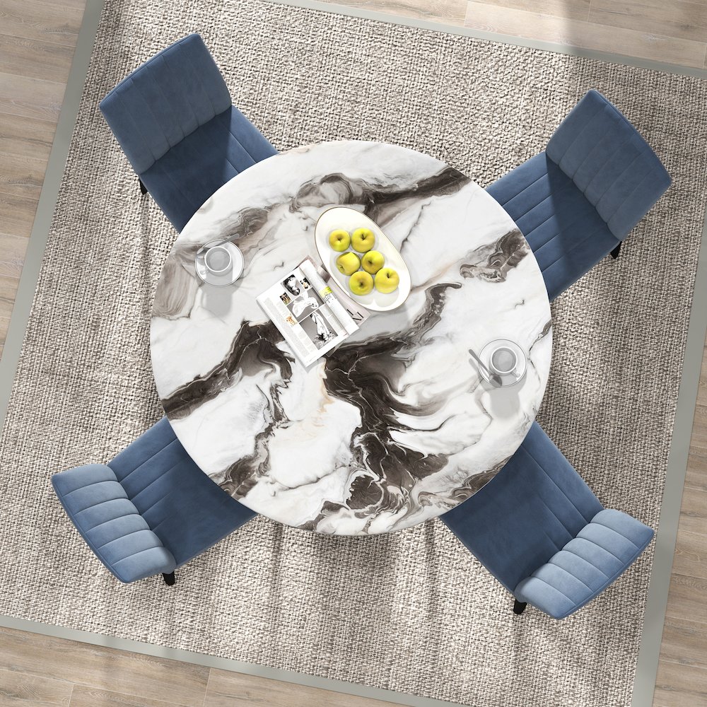 5-Piece Dining Set, Off-White Faux Marble Dining Table with Four Chairs, Blue. Picture 5