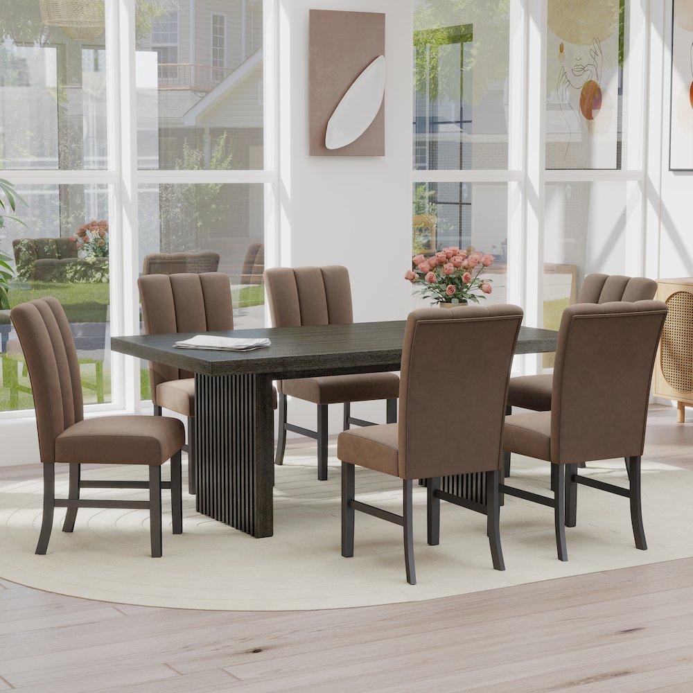 Madison 7-Piece Dining Set, Slat-Fluted Dining Table with 6 Chairs, Chocolate. Picture 2