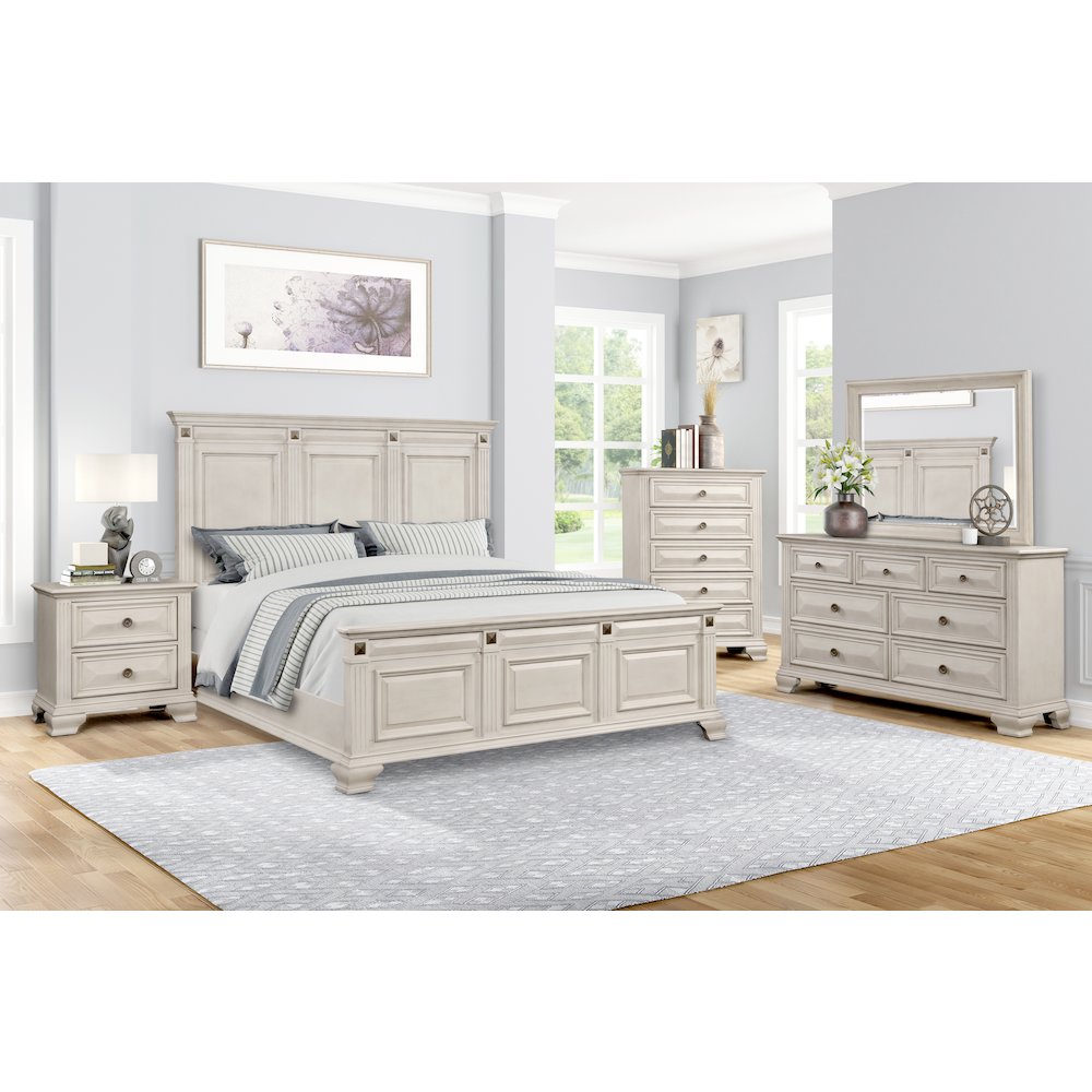 Parchment Wood Bedroom Set, King Bed, Dresser, Mirror, 2 Nightstands, Chest. Picture 5