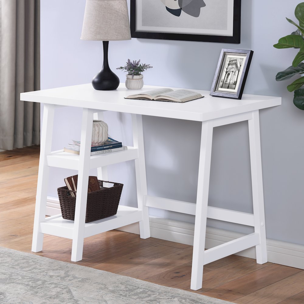 Redina Contemporary Wood Writing Desk with Storage, White. Picture 2