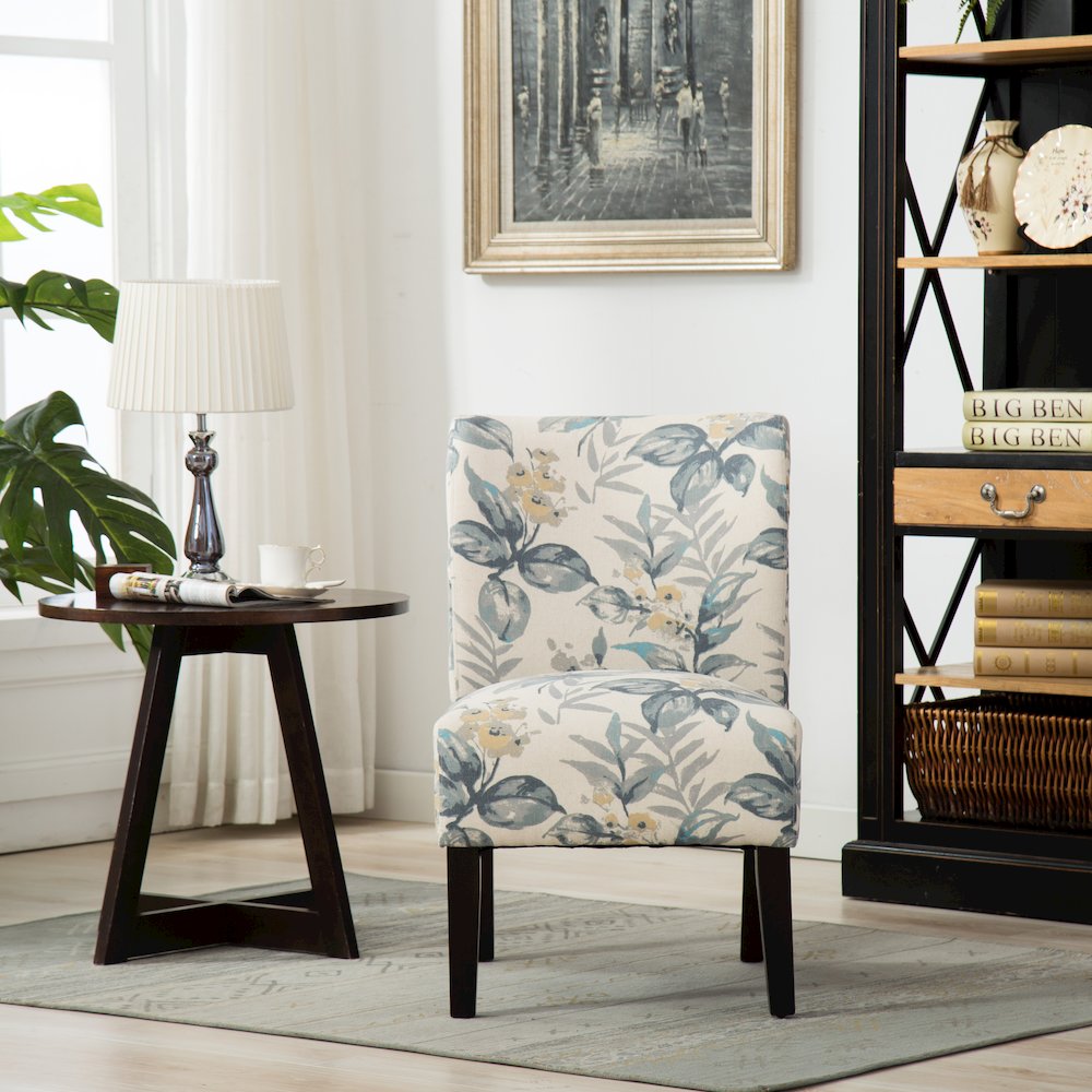 Capa Print Fabric Armless Contemporary Accent Chair, Blue Leaves. Picture 5