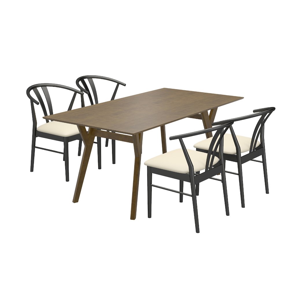 5-Piece Dining Set, Walnut Finished Dining Table with 4 Black Wishbone Chairs. Picture 1