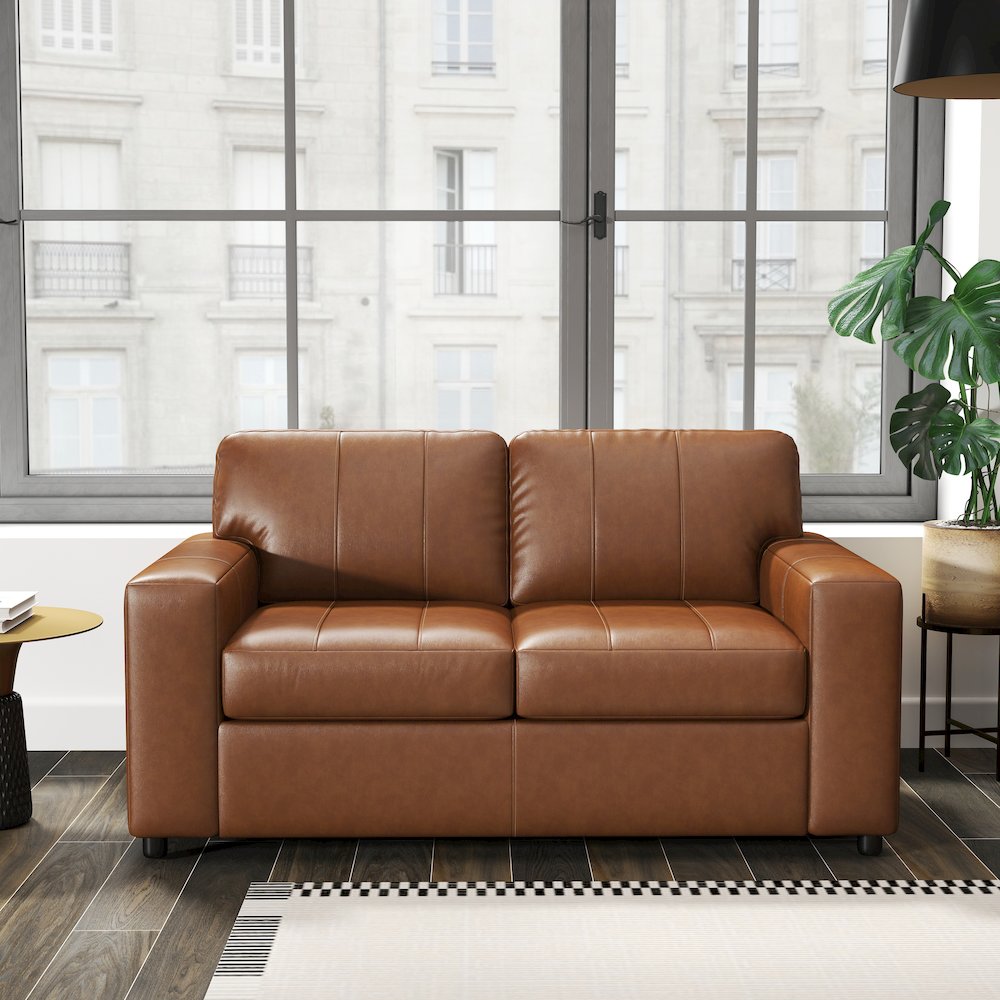 Sakan Leather Upholstered Loveseat, Caramel. Picture 2
