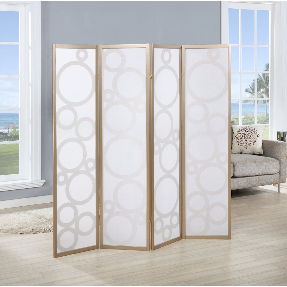 Arvada 4-Panel Wood Room Divider with Circle Pattern, Gold. Picture 3