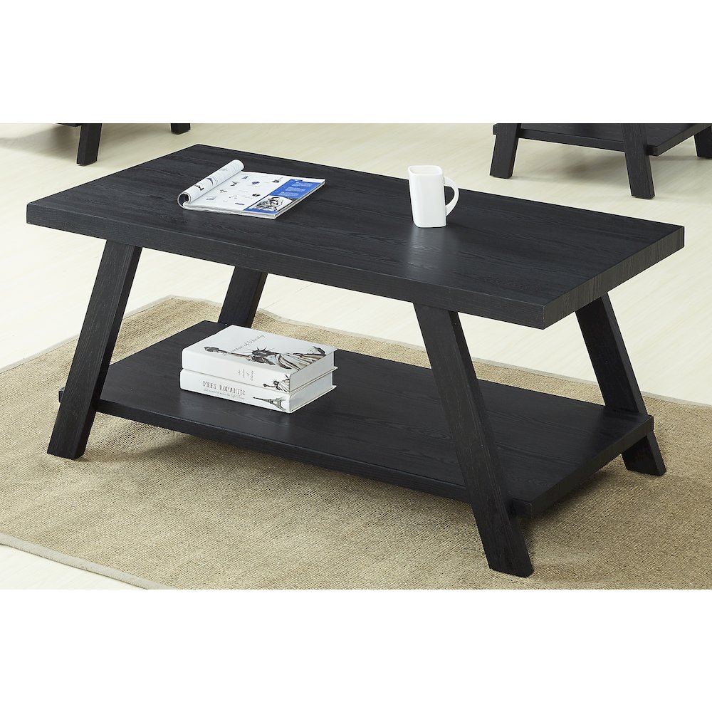 Athens Contemporary Replicated Wood Shelf Coffee Table in Black Finish. Picture 4