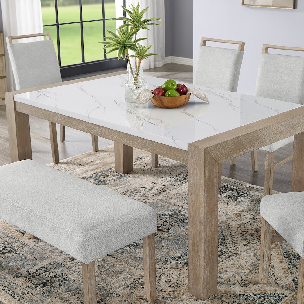 Zelalle 6-PC Dining Set, Table, 4 Chairs, and Bench, White Wired-Brushed Finish. Picture 7