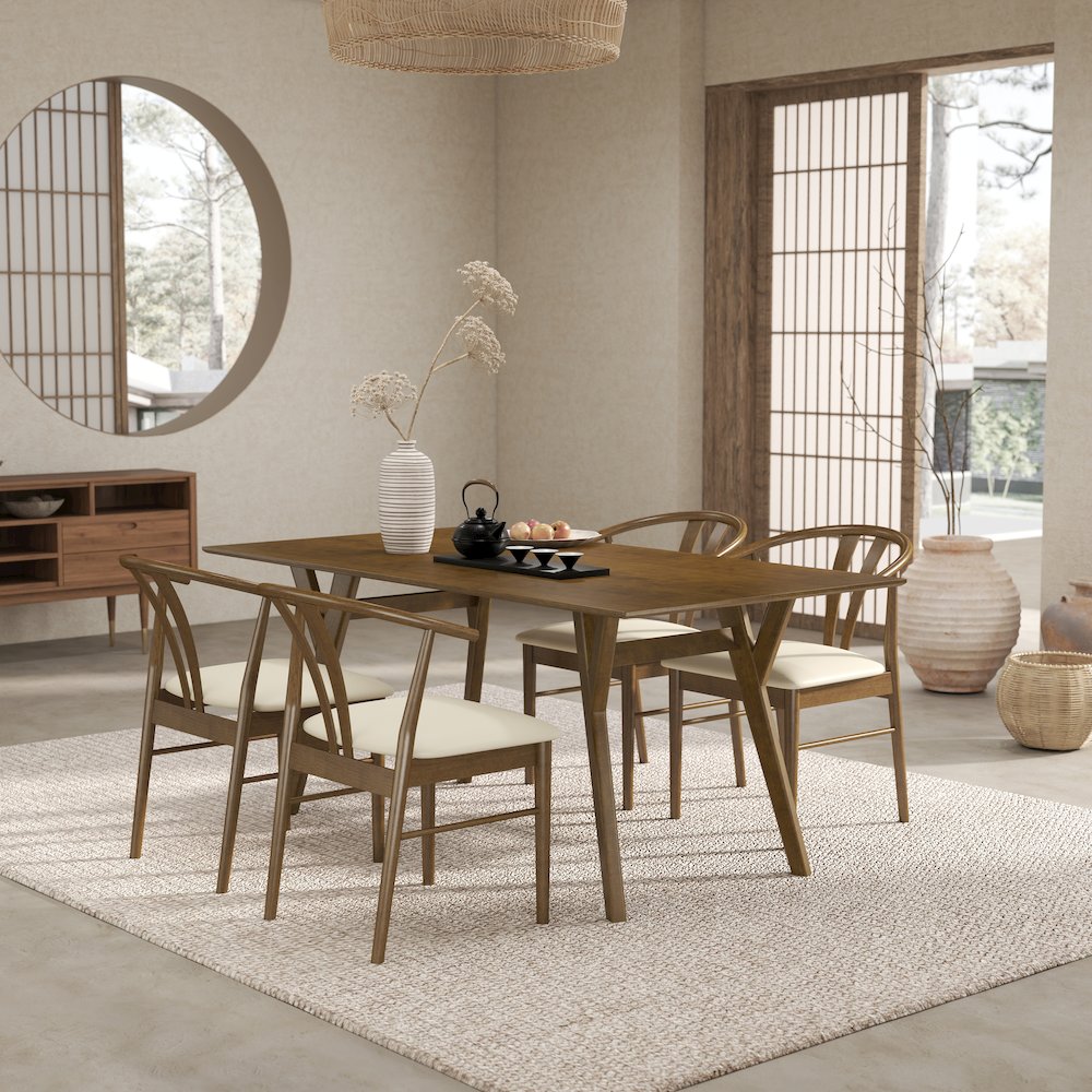 5-Piece Dining Set, Walnut Finished Dining Table with 4 Brown Wishbone Chairs. Picture 7