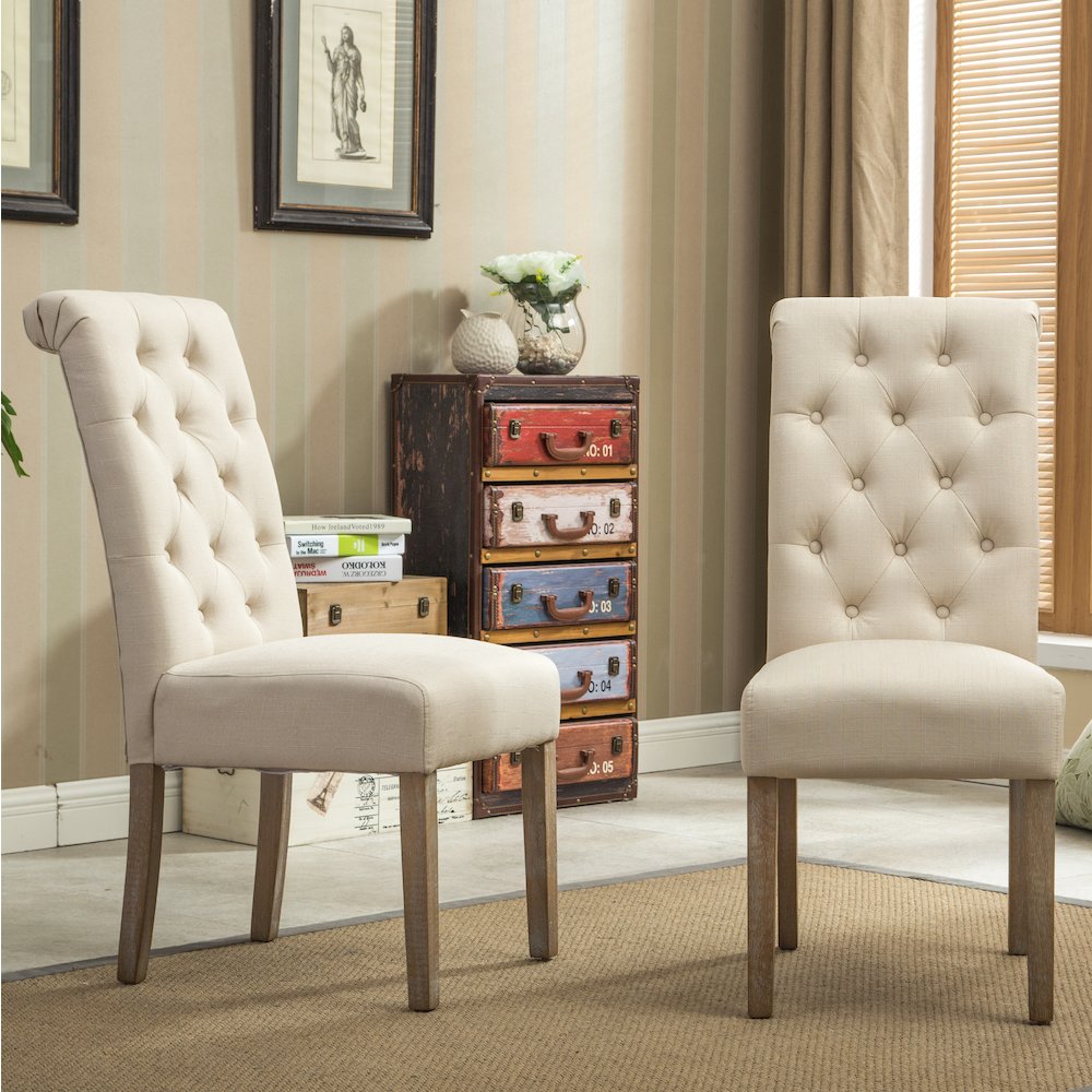 Habit Tan Solid Wood Tufted Parsons Dining Chair ,Set of 2. Picture 3
