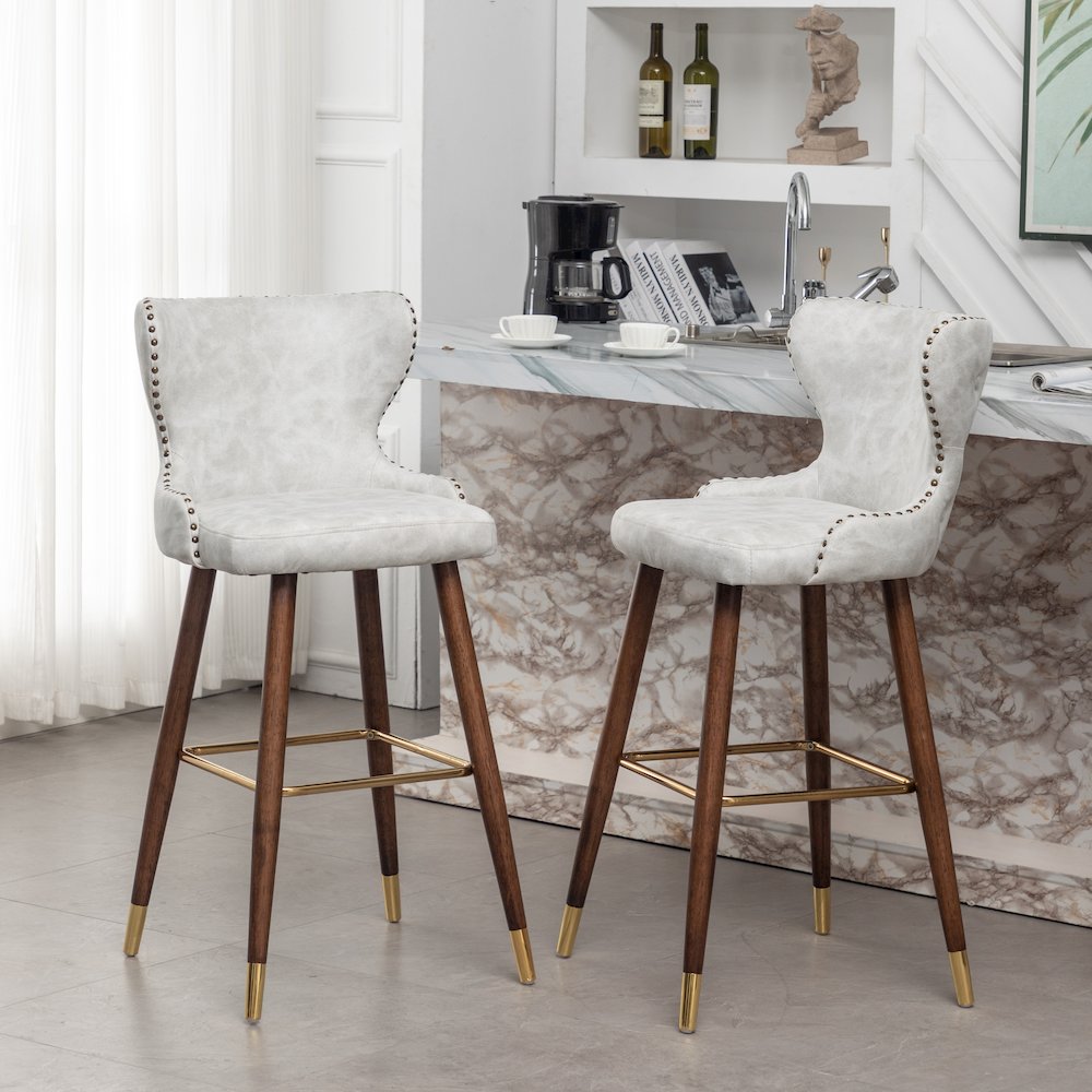 Nevis Modern Faux Leather Tufted Nailhead Trim Barstool Set of 2, Off-White. Picture 3