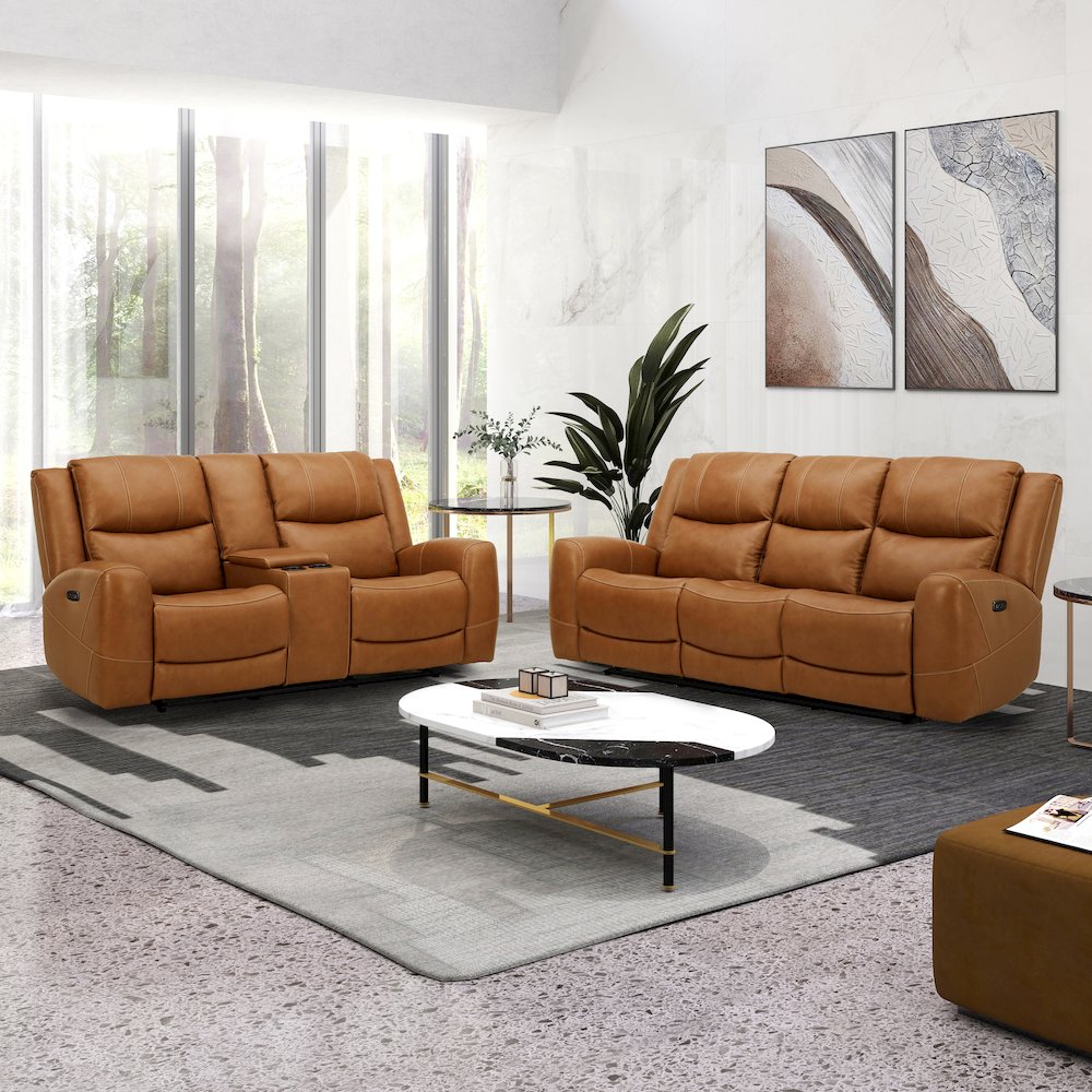 Cozura Leather Power Recling Sofa and Loveseat, Silverado Butternut. Picture 2