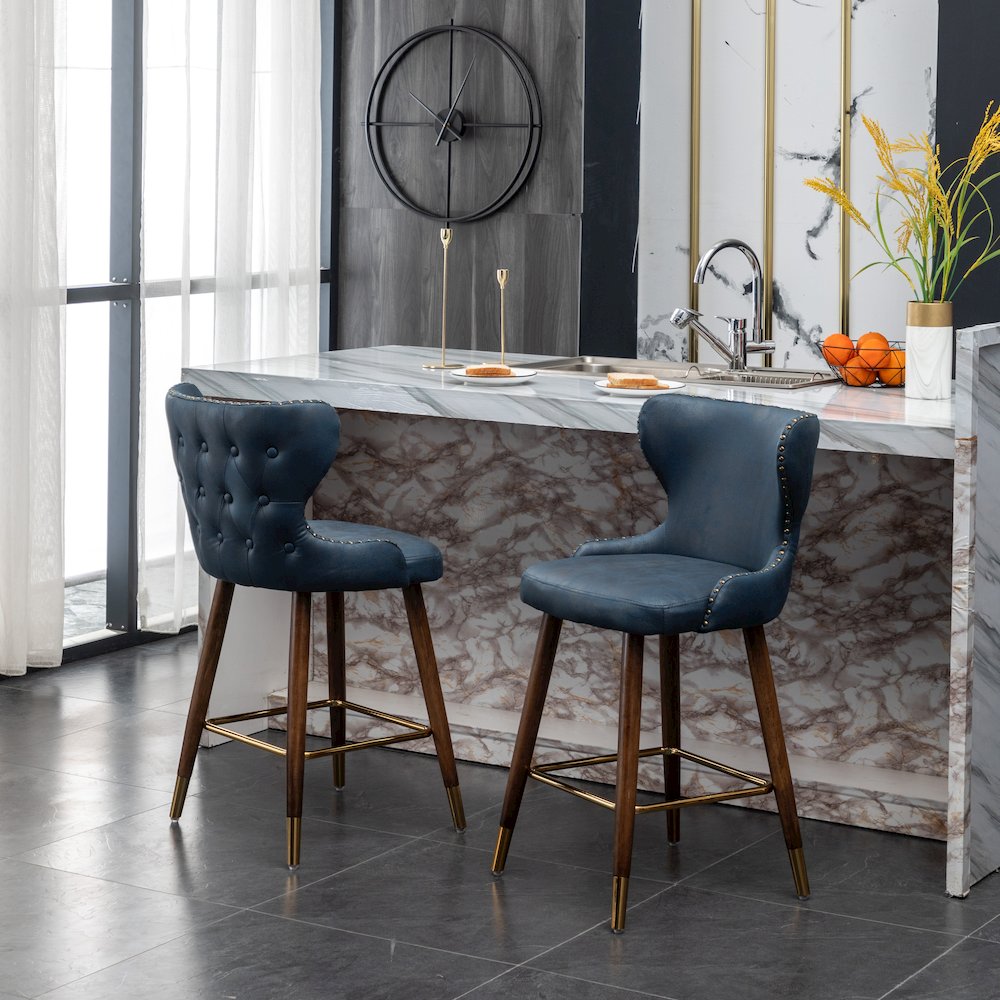 Nevis Modern Faux Leather Tufted Nailhead Trim Counter Stool Set of 2, Blue. Picture 4