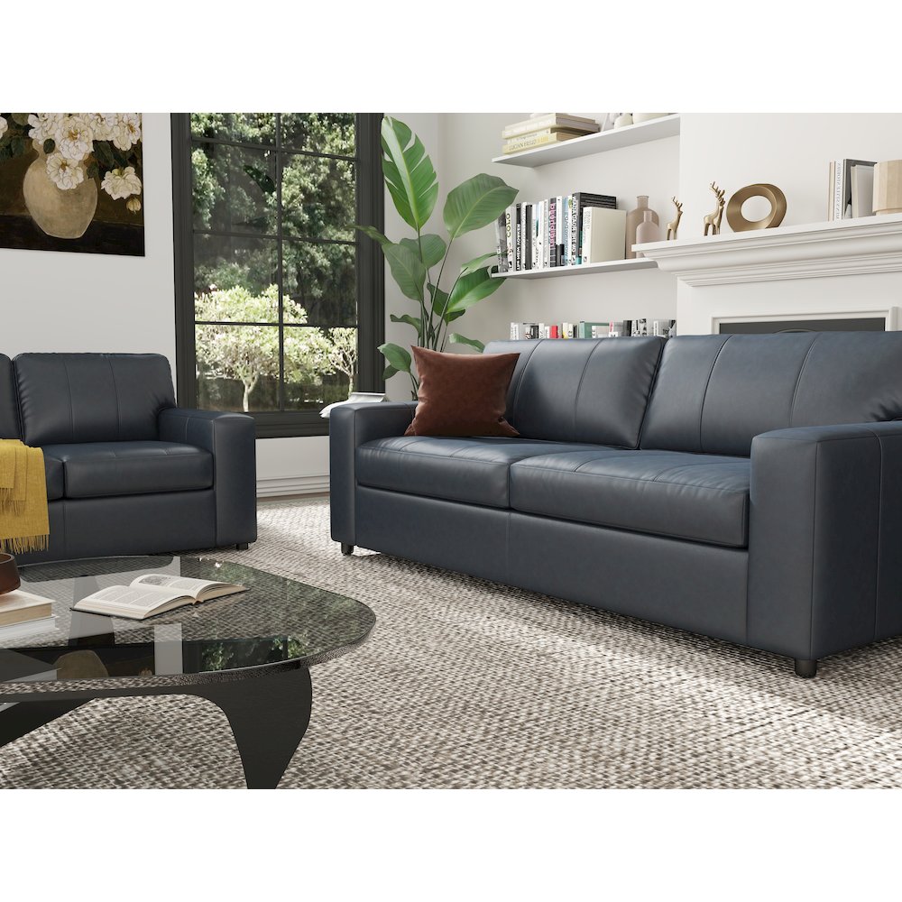 Sakan Leather 3-Pc Living Room Set, Sofa Loveseat and Chair, Blue. Picture 6