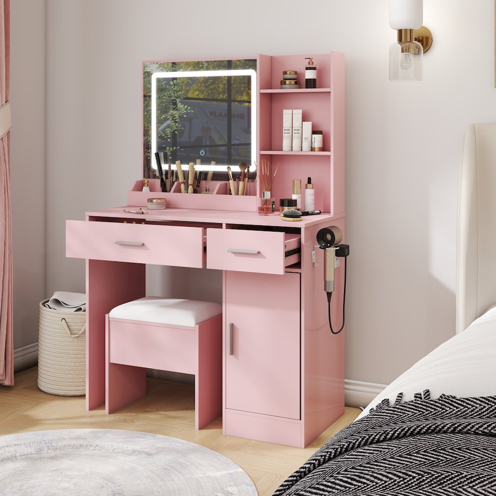 Makeup Vanity Set, Vanity Desk, Stool, LED Light Mirror, Pink. Picture 14