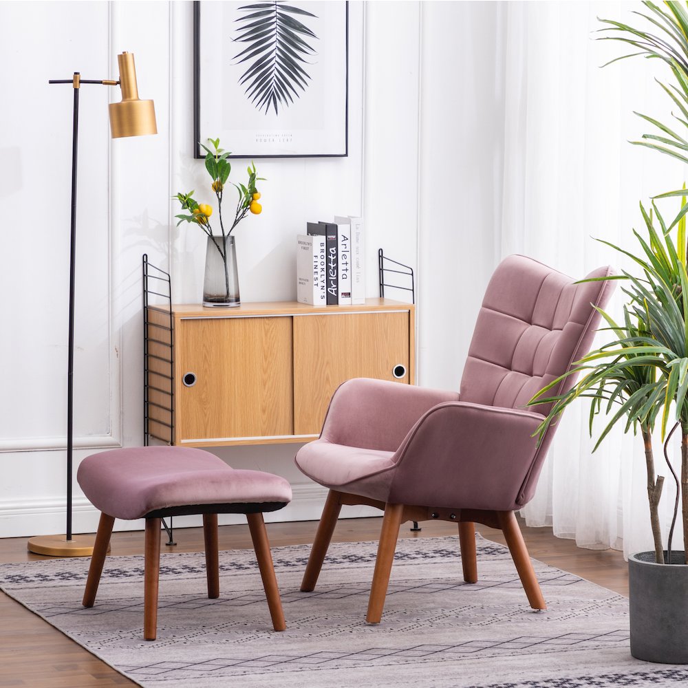Leiria Contemporary Silky Velvet Tufted Accent Chair with Ottoman, Mauve. Picture 3
