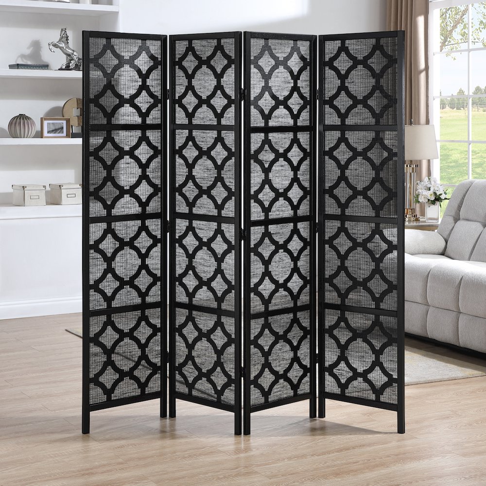 Quarterfoil Diamond Design 4-Panel Room Divider, Black. Picture 4