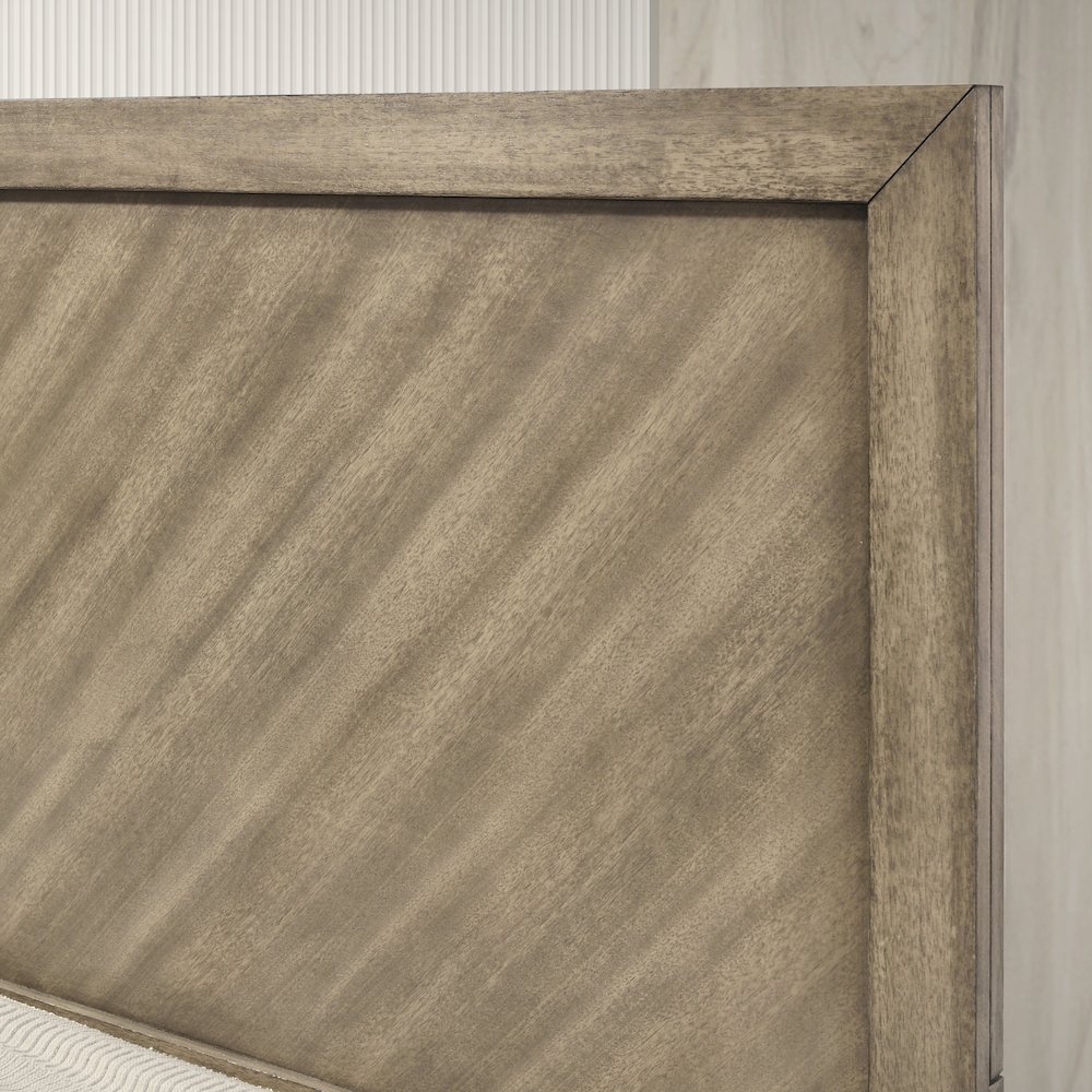 Wood Bedroom Set: Queen Bed, Dresser, Mirror, Nightstand in Weathered Sand. Picture 7