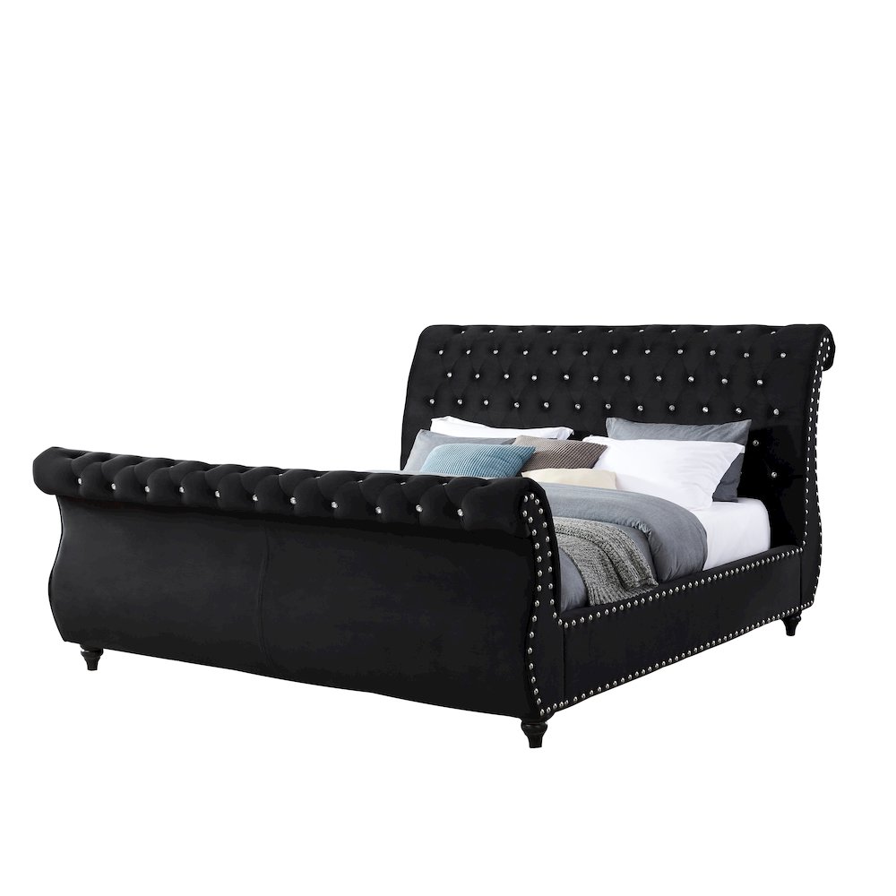 Evora Black Velvet Upholstered Crystal Button Tufted Sleigh Bed, King. Picture 1