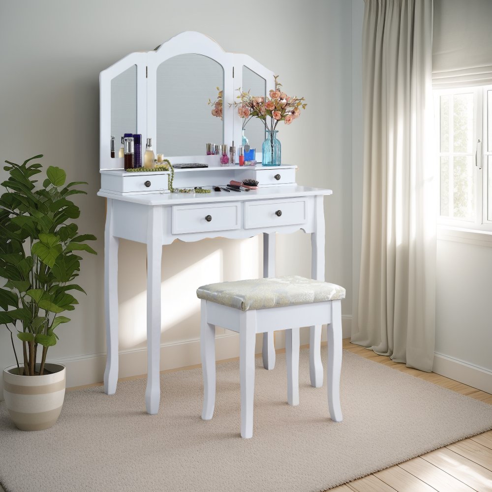 Sanlo White Finish Wood Vanity, Makeup Table and Stool Set. Picture 5