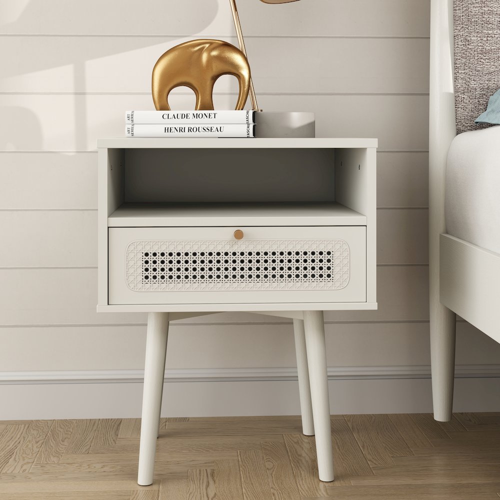 Feeney Dual-tier Storage Nightstand, Side Table, Cream White. Picture 2