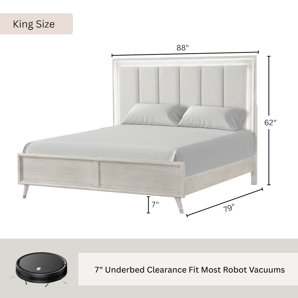 Seluna LED Lighting Panel Bed, Upholstered Headboard, Gray Oak Finish, King. Picture 11