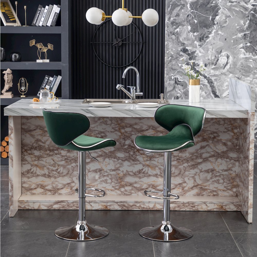 Masaccio Velvet Upholstered Adjustable Swivel Barstool, Set of 2, Green. Picture 4