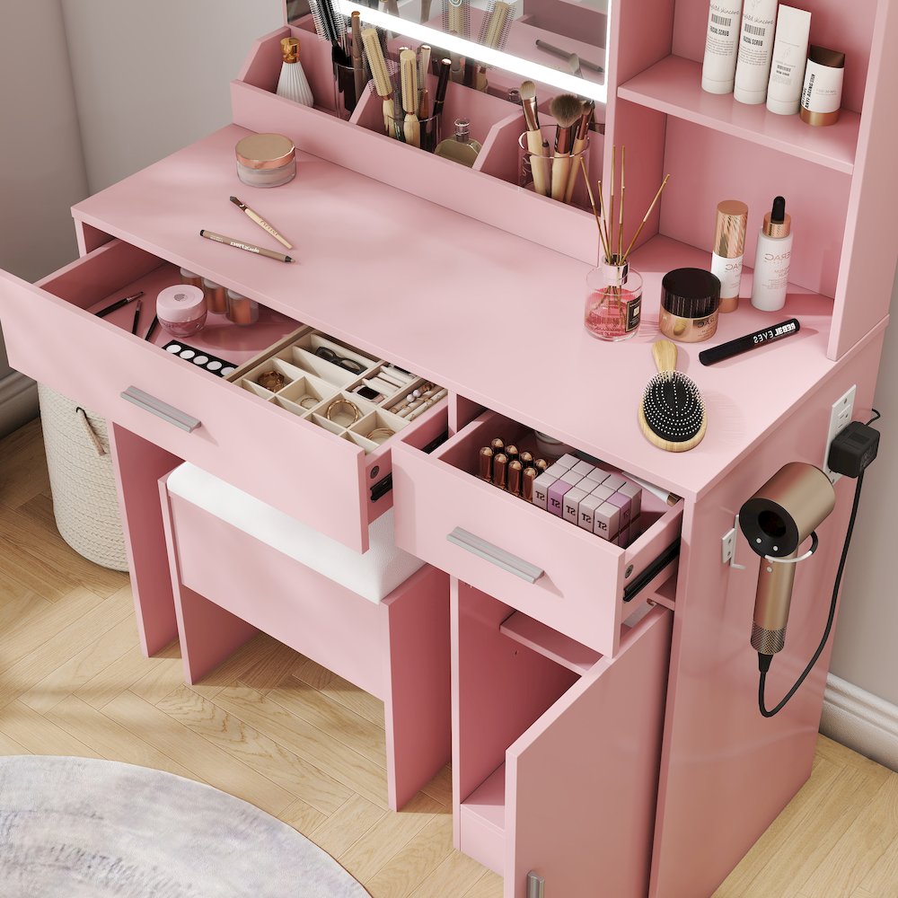 Makeup Vanity Set, Vanity Desk, Stool, LED Light Mirror, Pink. Picture 6