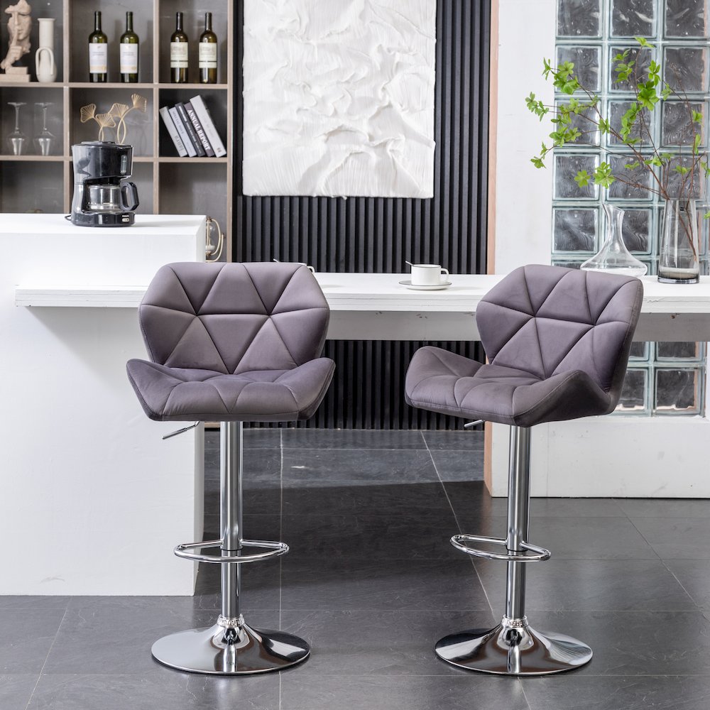 Breni Velvet Diamond Tufted Swivel Adjustable Height Barstool, Set of 2, Gray. Picture 4