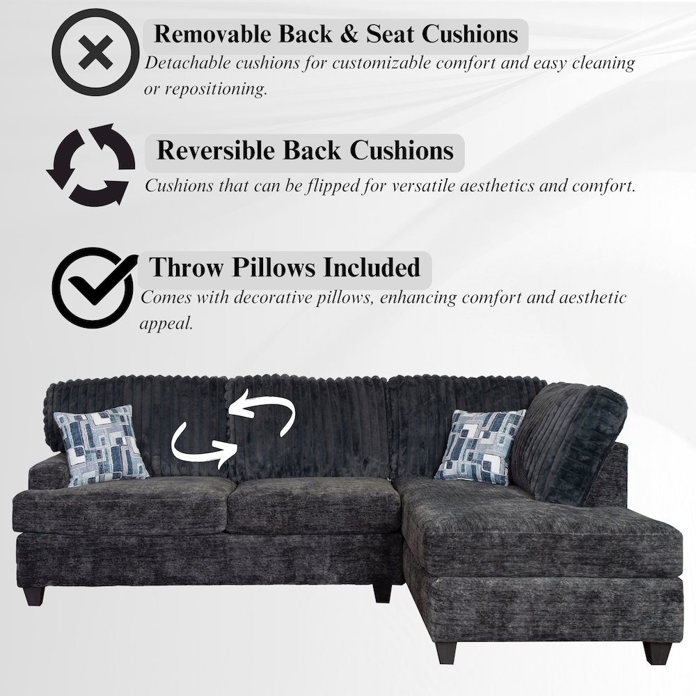 Nexus Wide Wale Corduroy L-shape Sectional with Chaise, Galactic Charcoal. Picture 3