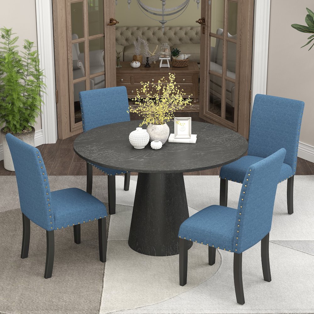 Nuevo 5-Piece Round Dining Set, Pedestal Dining Table with 4 Chairs, Blue. Picture 3