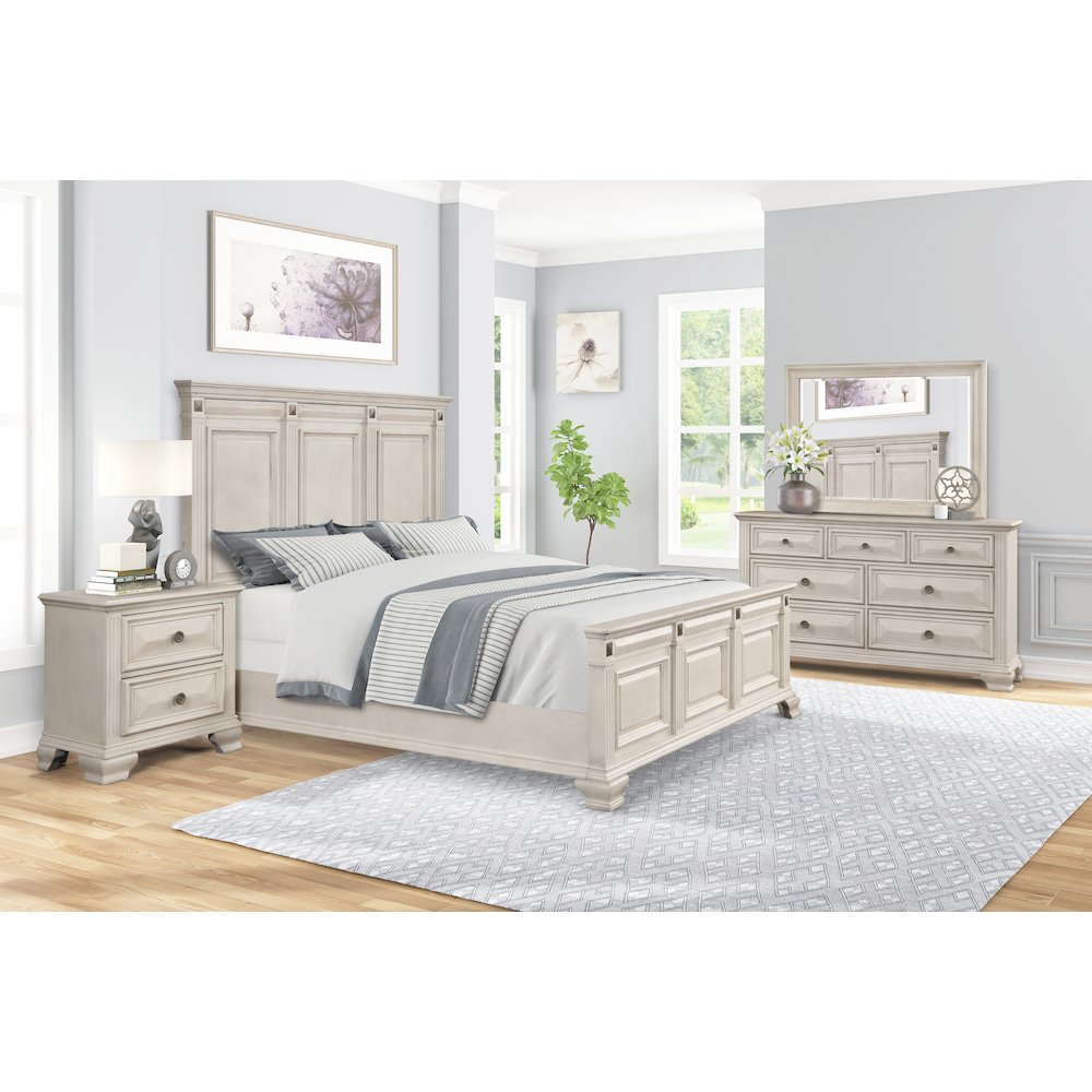 Distressed Parchment Wood Bedroom Set, King Bed, Dresser, Mirror, Nightstand. Picture 2