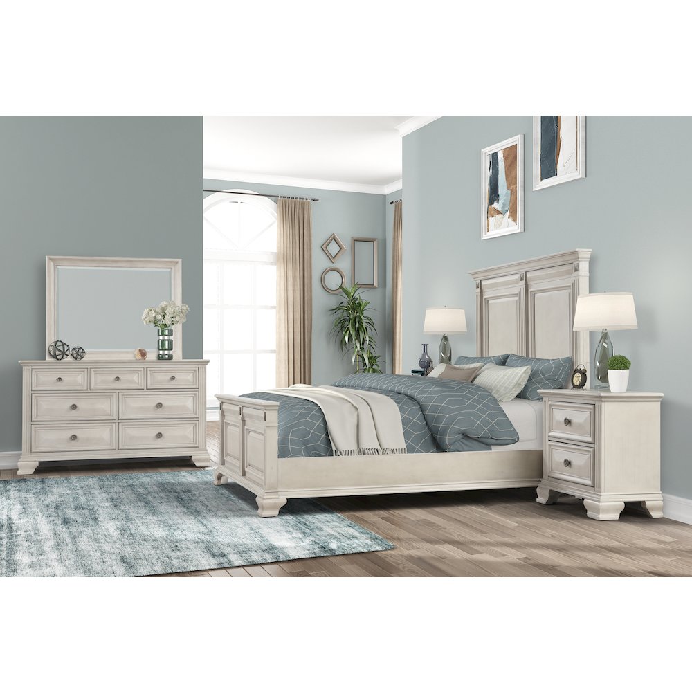 Distressed Parchment Wood Bedroom Set, Queen Bed, Dresser, Mirror, Nightstand. Picture 2