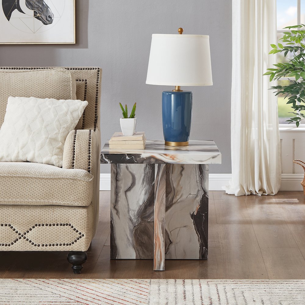 Cavira Modern Faux Marble Living Room Side Table, Off-white. Picture 3