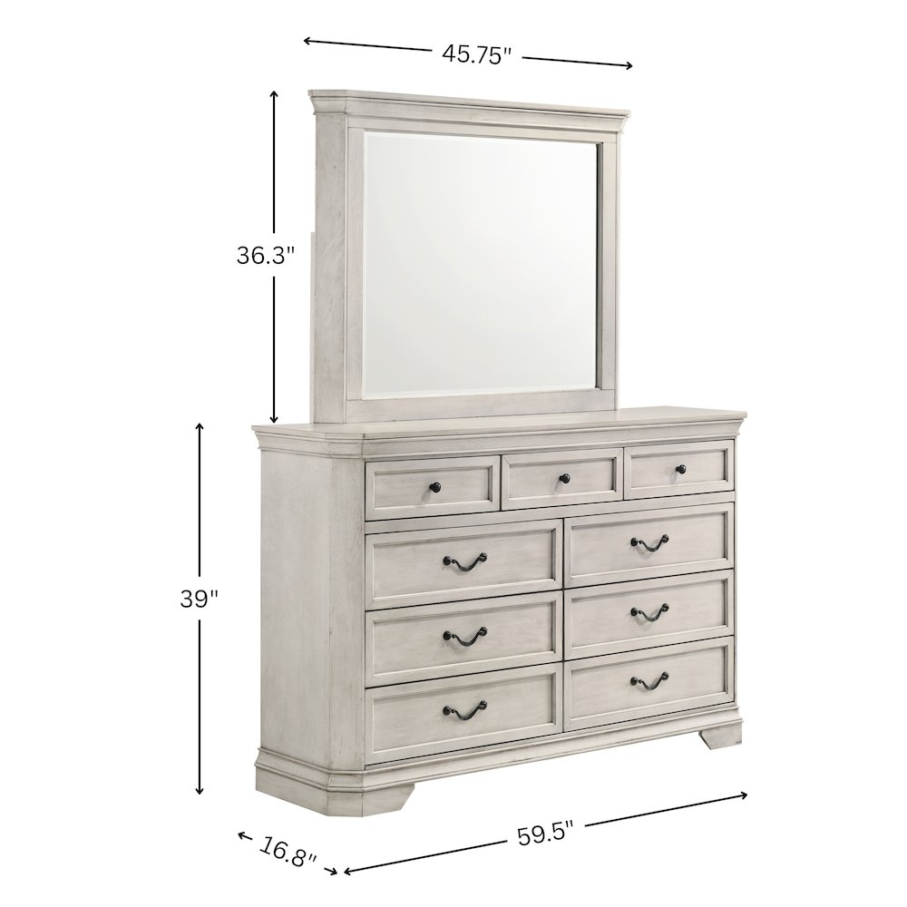 Maderne Wood 7-Drawer Dresser with Mirror, Antique White Finish. Picture 7
