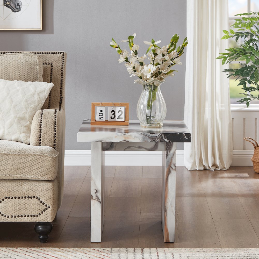 Cavira Modern Faux Marble Living Room End Table, Off-white. Picture 3