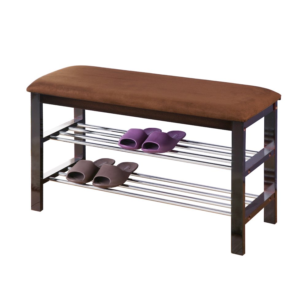 Choa Metal Shoe Bench with Faux Leather Seat, Dark Espresso and Chocolate. Picture 6