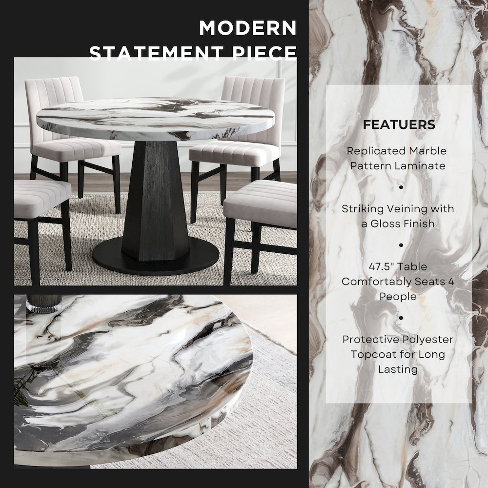 5-Piece Dining Set, Off-White Faux Marble Dining Table with Four Chairs, Tan. Picture 6