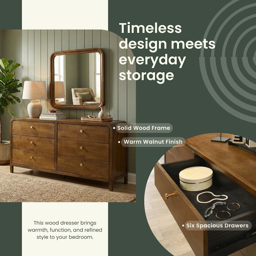 Eldren 6-Drawer Wood Dresser with Mirror, Walnut Finish. Picture 8