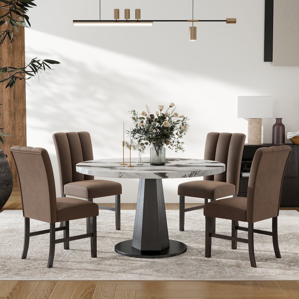 Cavira 5-PC Dining Set, Off-White Faux Marble Table with Four Brown Chairs. Picture 7