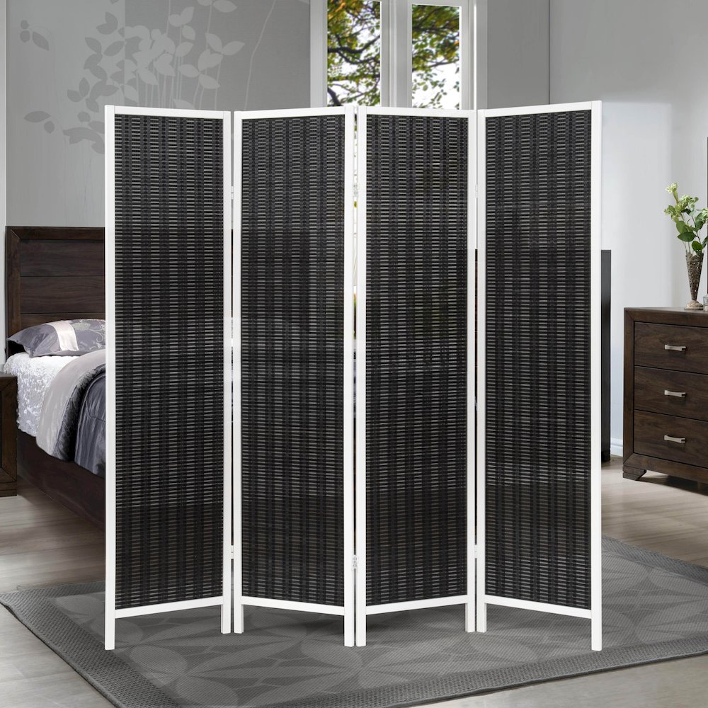Inkwell 4-Panel Bamboo Room Divider, Folding Screen, Black with White Frame. Picture 3