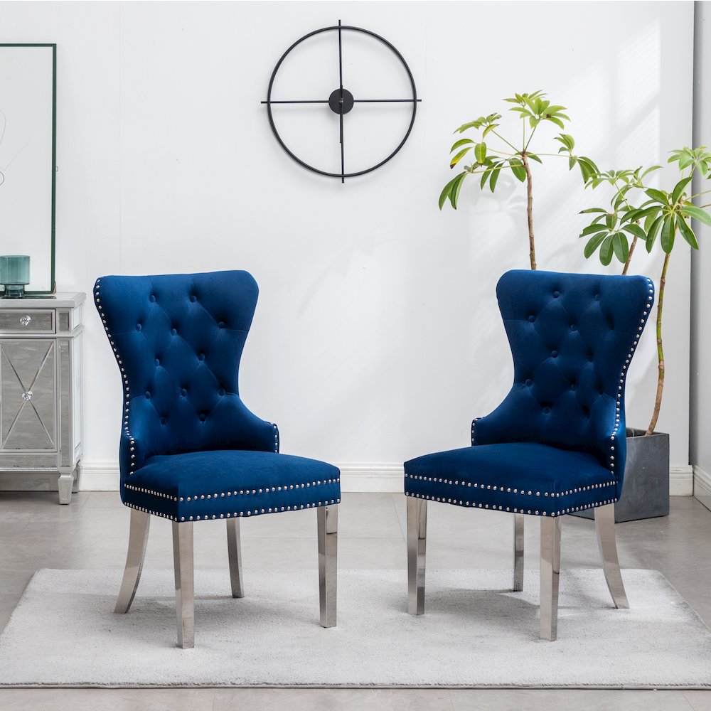 Montura Contemporary Tufted Velvet Chair with Nailhead Trim, Set of 2, Blue. Picture 3