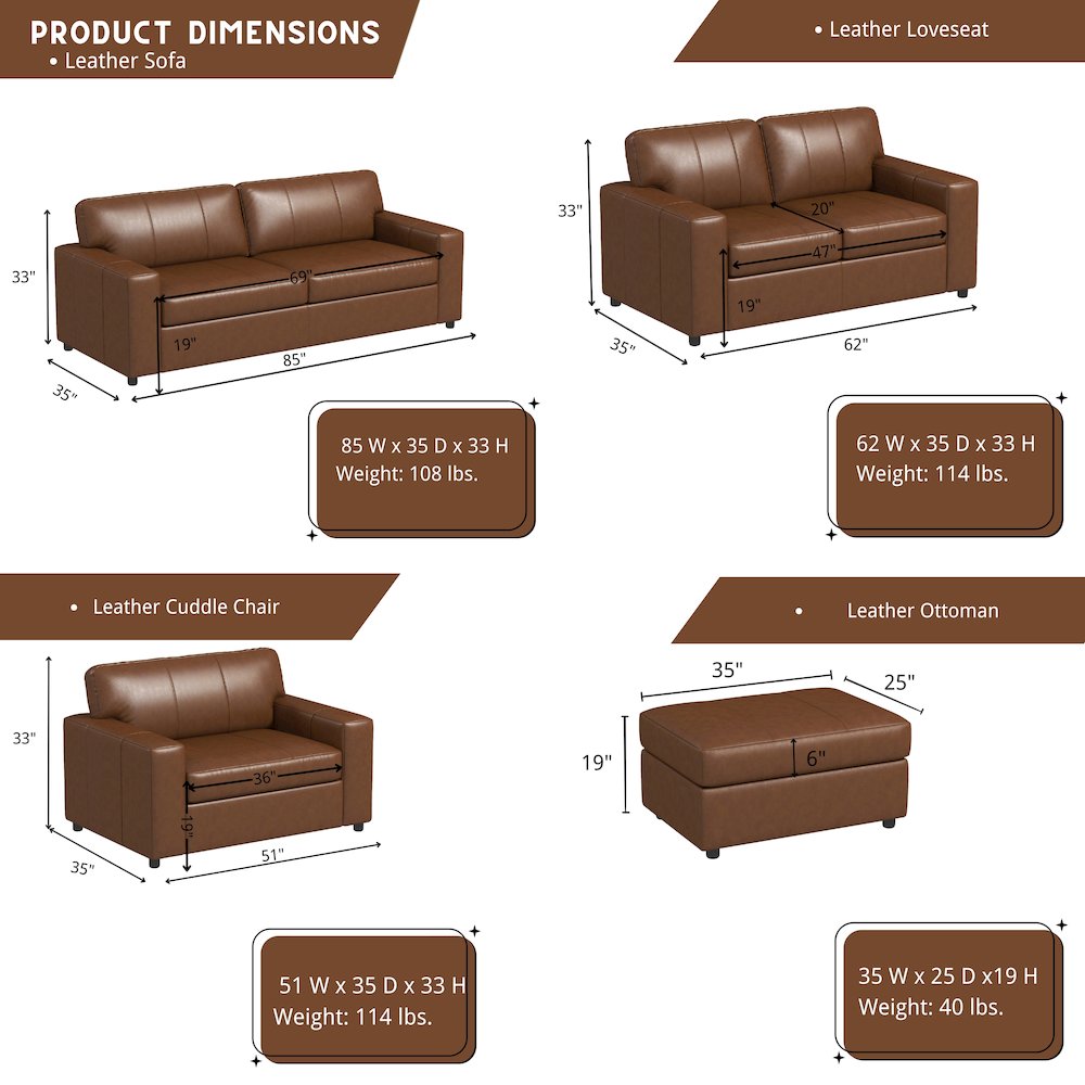 Sakan Leather 4-Pc Living Room Set, Sofa Loveseat, Chair and Ottoman, Caramel. Picture 15