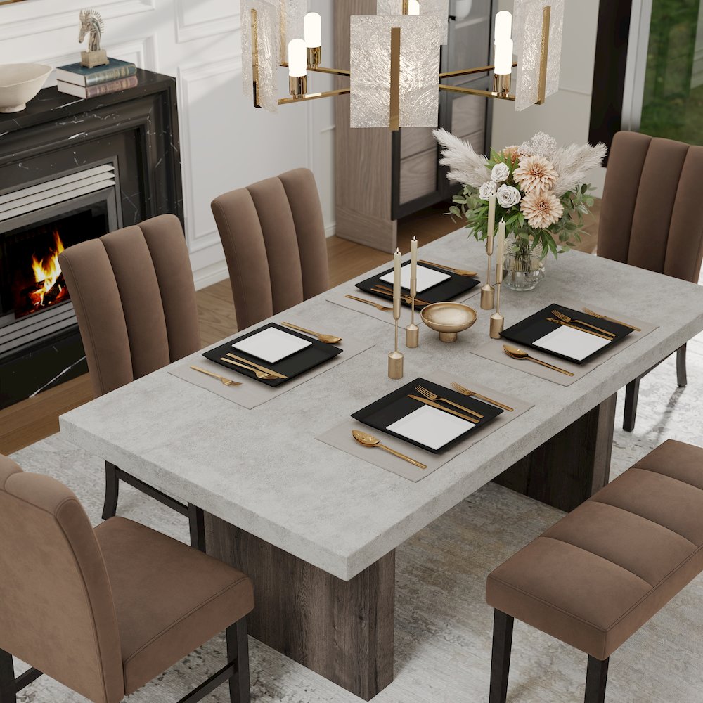 Sorlen 6-PC Dining Set, 3D Faux Concrete Table with 4 Chocolate Chairs and Bench. Picture 4