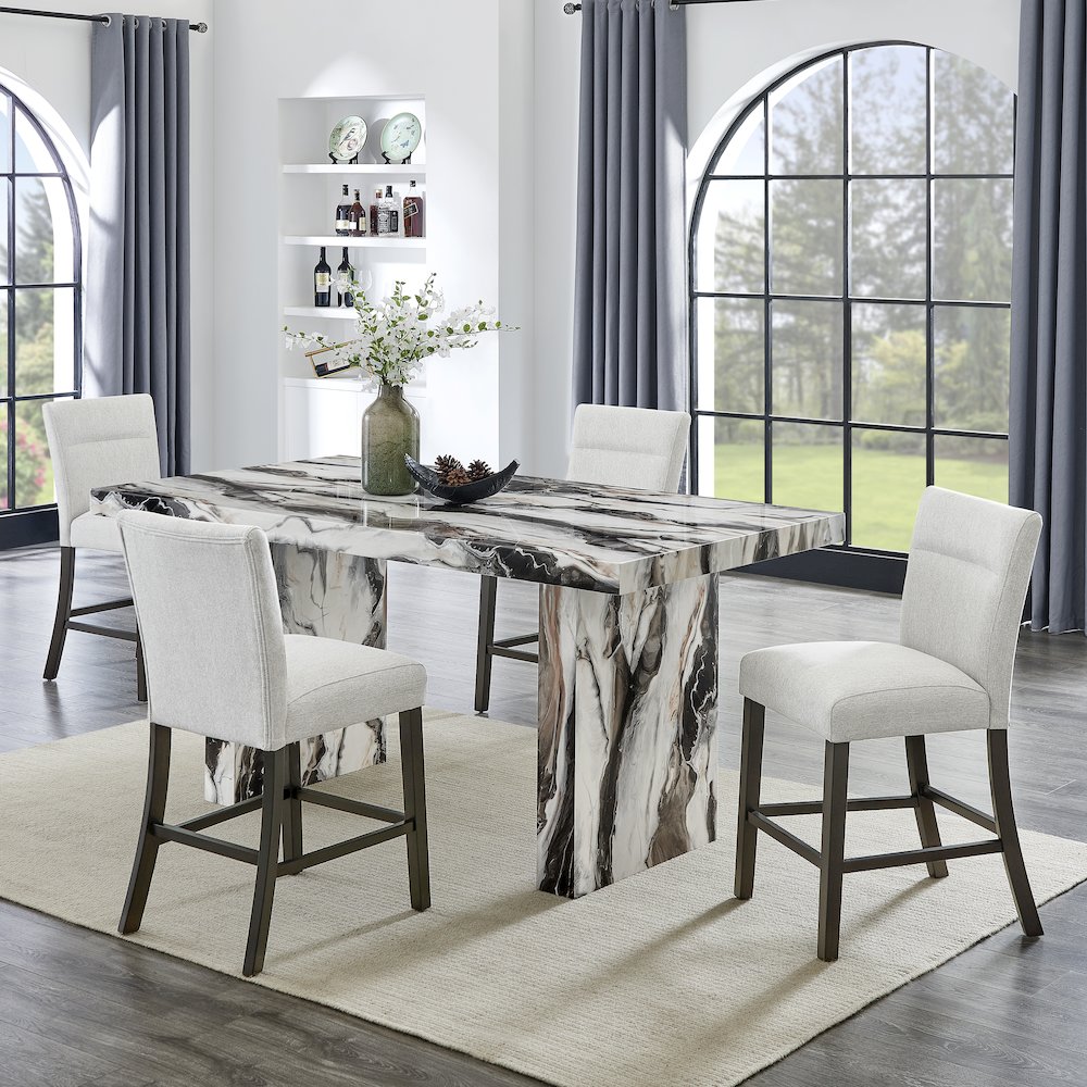 Cavira 5-Piece Modern Faux Marble Dining Set, Counter Height Table with 4 Chairs. Picture 3