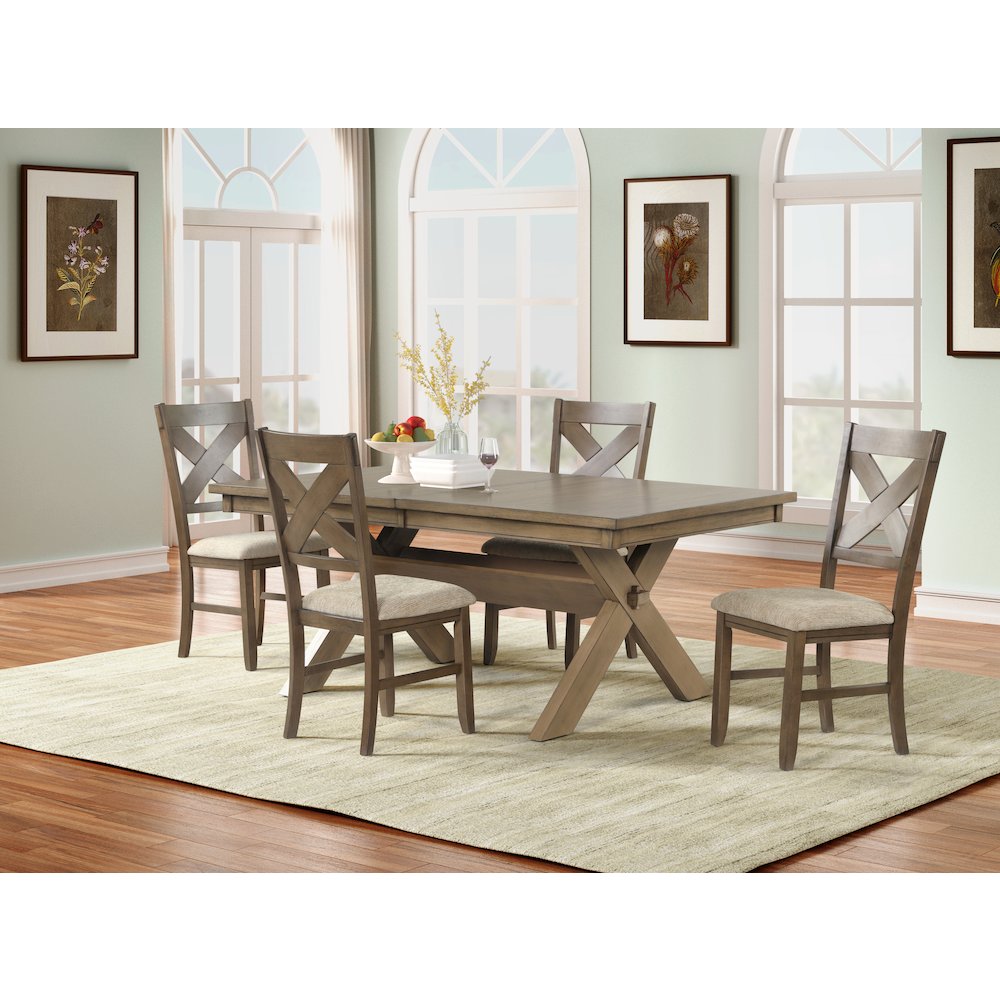 Raven Wood 5-PC Dining Set, Extendable Trestle Table 4 Chairs, Glazed Pine Brown. Picture 2