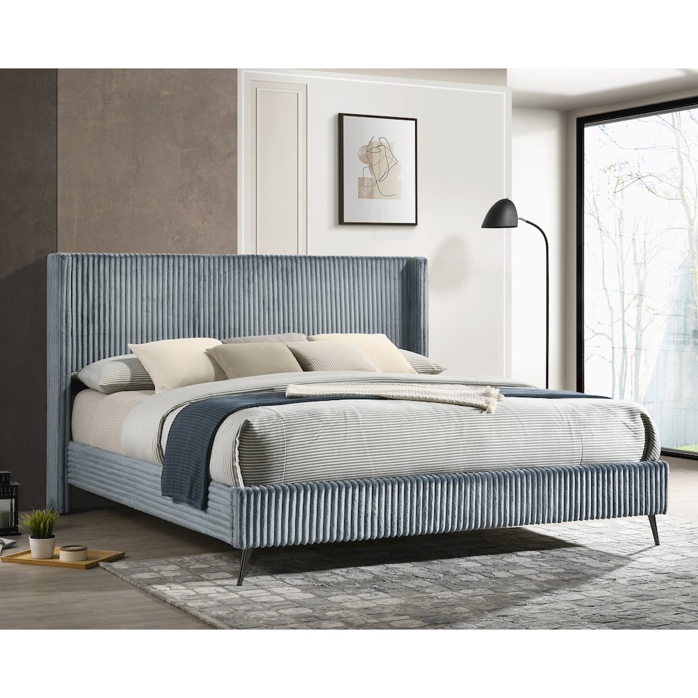 Mavela Wide Wale Corduroy Upholstery Panel King Bed, Blue. Picture 2