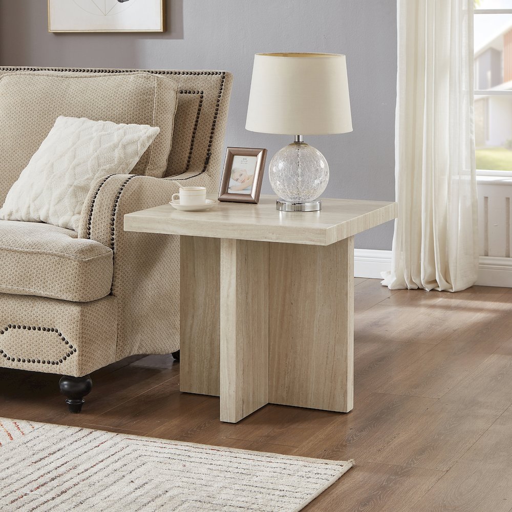 Cavira Modern Faux Marble Living Room Side Table, Beige. Picture 2