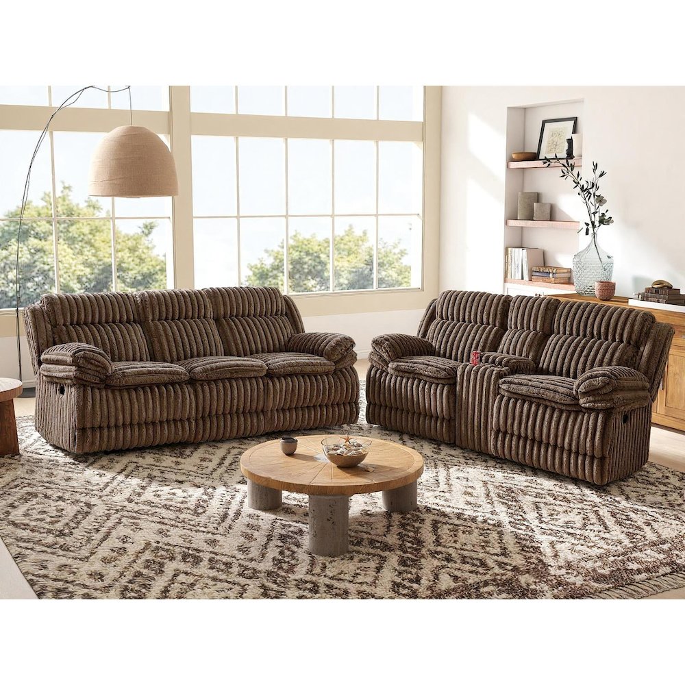 Ardello 2PC Reclining Sofa Set, Corduroy, Built-In Power Center, Storage Console. Picture 3