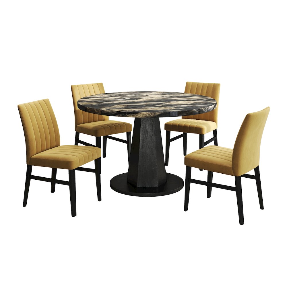 5-Piece Dining Set, Black and Gold Faux Marble Dining Table Four Chairs, Yellow. Picture 1
